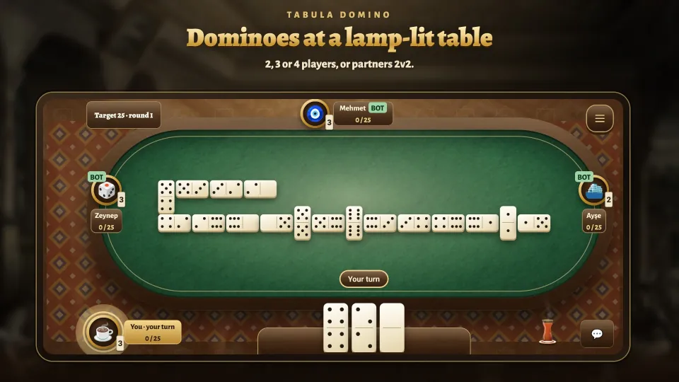A four-player Tabula Domino game at the lamp-lit table