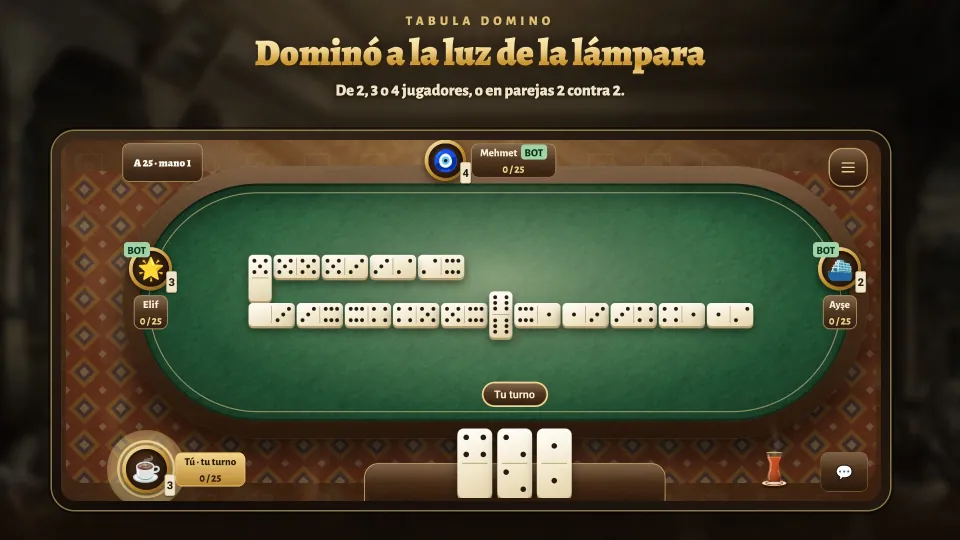 Una partida de Tabula Domino a cuatro jugadores en la mesa iluminada por la lámpara
