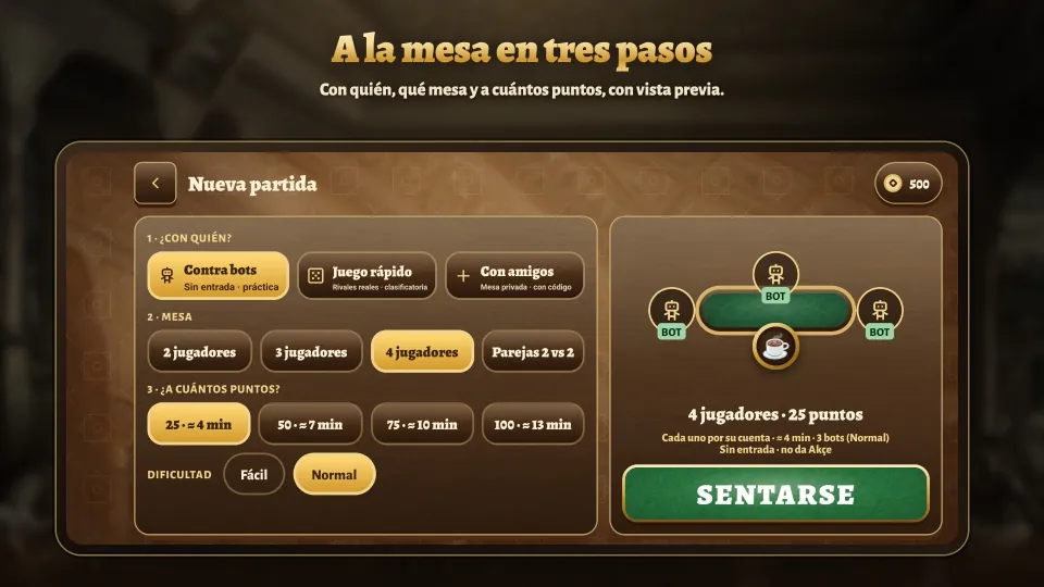 Pantalla de partida nueva: con quién, qué mesa y cuántos puntos, con una vista previa de la mesa