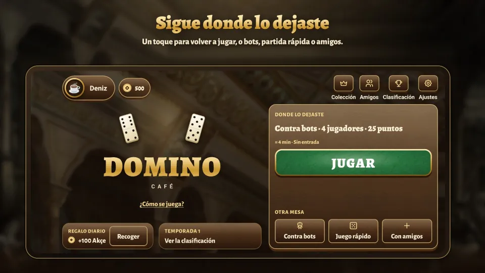 Inicio: retoma donde lo dejaste, y accesos a bots, juego rápido y amigos